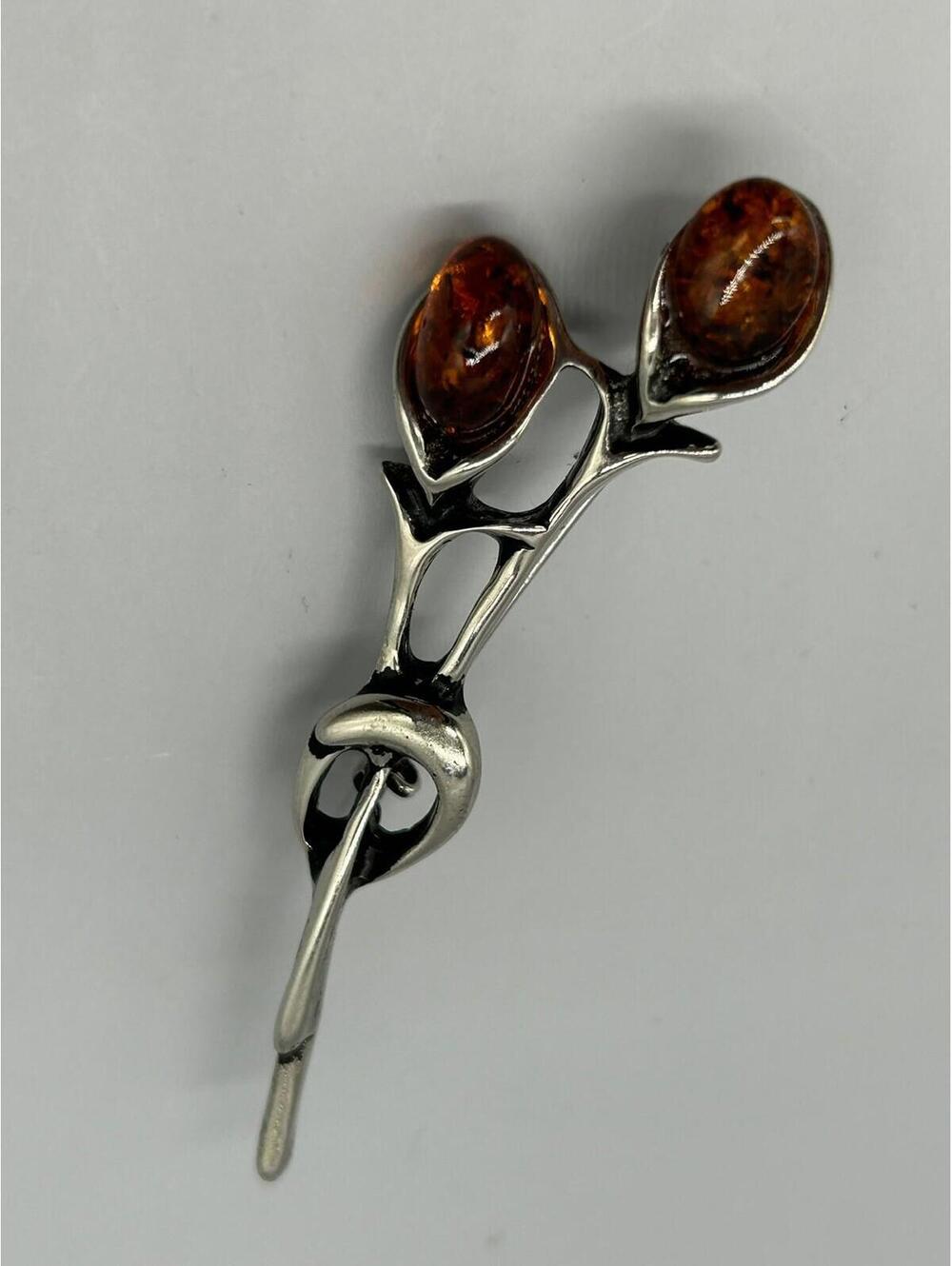 Vintage Signed Sterling Silver Real Amber Petals Flower Bouquet Pin Brooch